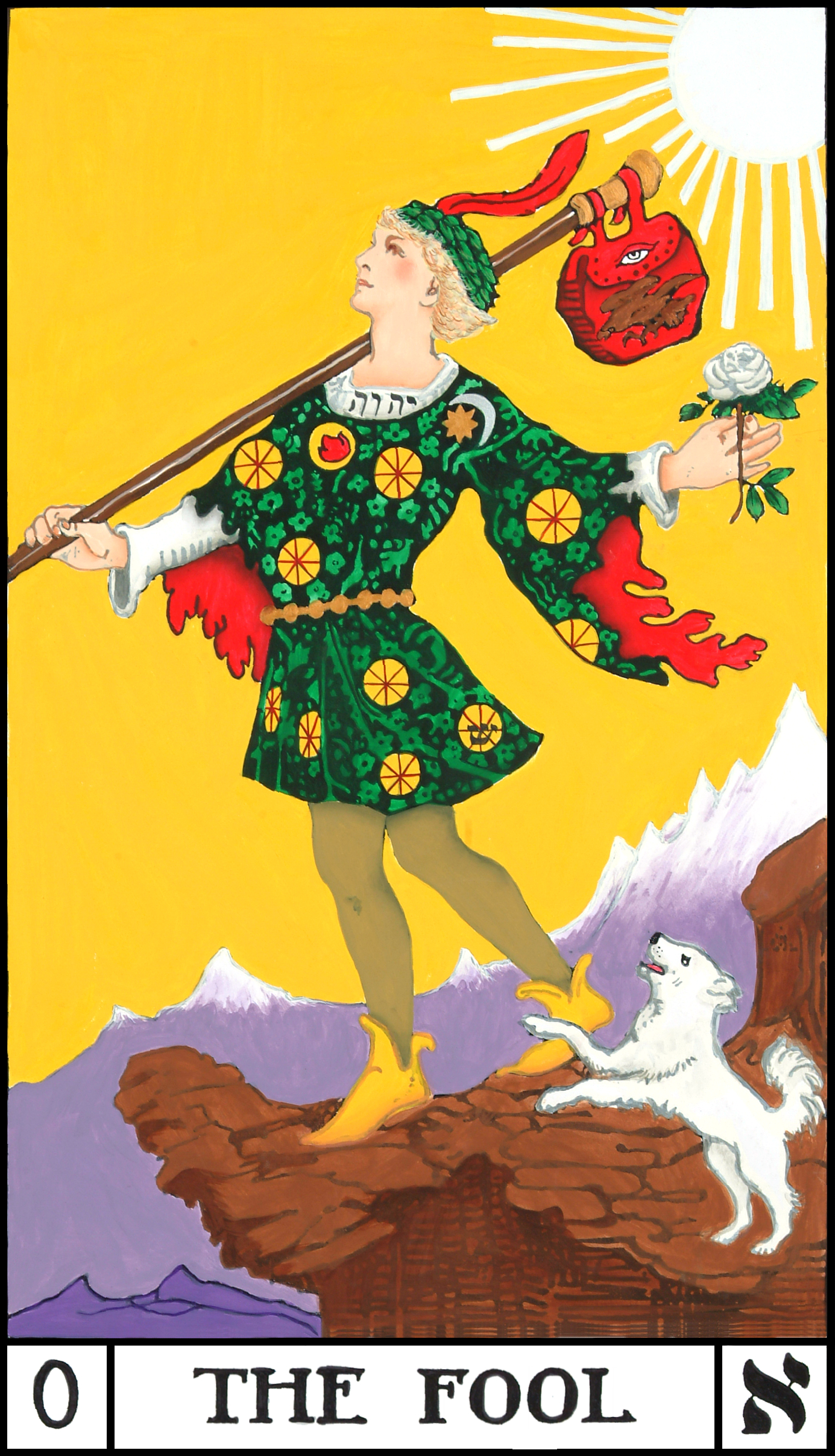 A Tarot card named "The Fool" shows a young person in bright, colorful clothing standing on the edge of a cliff. They hold a stick with a bundle and a white rose. A small white dog leaps at their feet. The sun shines brightly in the yellow sky above.