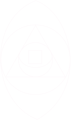 A geometric design featuring a central cube within a circle. The circle is placed inside an equilateral triangle. The triangle is positioned within a larger circle that intersects ovals at the top and bottom, forming a symmetrical, intricate pattern.