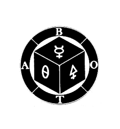 A black and white graphic features a central cube with the symbol of Mercury, surrounded by the letters A, B, O, and T on an outer ring. Mathematical and astrological symbols are present on the cube's sides. Dotted circular patterns extend outward, intersecting and overlapping.