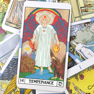 A Tarot card featuring the Temperance card with an angelic figure holding two chalices, pouring water between them. The background shows a landscape with a lion and an eagle. Other Tarot cards surround it.