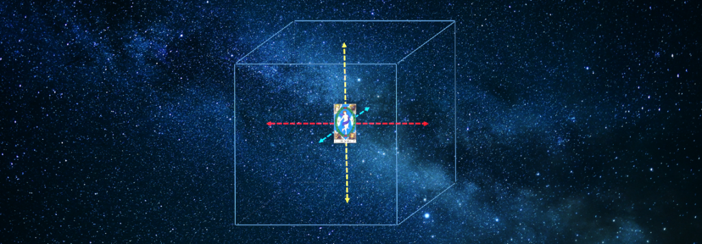 The cube of Space: A cosmic background with a transparent cube. Inside, there's a small, colorful rectangular image at the center intersected by red and yellow dotted lines, symbolizing axes. The vast starry sky forms the backdrop.