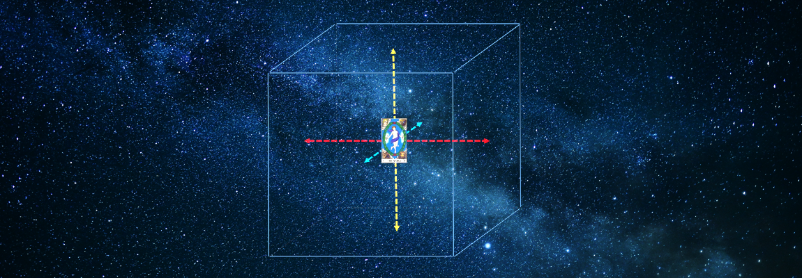 The cube of Space: A cosmic background with a transparent cube. Inside, there's a small, colorful rectangular image at the center intersected by red and yellow dotted lines, symbolizing axes. The vast starry sky forms the backdrop.