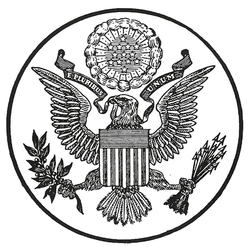 Black and white illustration of the Great Seal of the United States. Features an eagle with outstretched wings, holding arrows and an olive branch, with a shield on its chest and a banner reading "E Pluribus Unum" above its head.