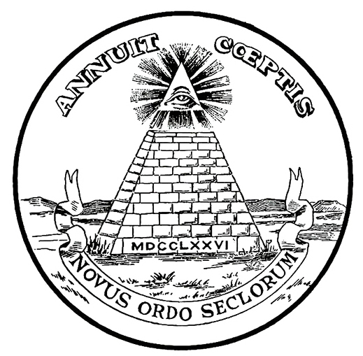 A black and white illustration of a pyramid with the Eye of Providence at the top. "Annuit Coeptis" is above, and "Novus Ordo Seclorum" is below, with the year MDCCLXXVI (1776) on the base. A ribbon flows around the pyramid.