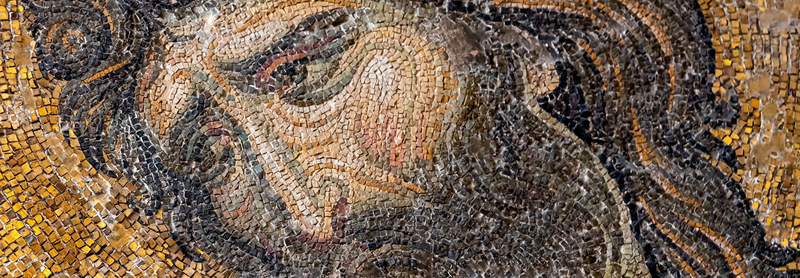 Close-up of an ancient mosaic depicting a bearded man's face in profile. The image uses small, colored tiles to create details, with shades of yellow, brown, black, and flesh tones. The man appears to have an intense expression.