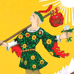 Tarot card illustration of "The Fool," featuring a figure in colorful clothing holding a staff with a bag over the shoulder and a white rose in hand. A bright sun shines in the background against a yellow sky.