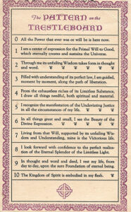An ornate, vintage-style list titled "The Pattern on the Trestleboard" displays 11 numbered spiritual affirmations, each beginning with a bold number, emphasizing unity, wisdom, understanding, and spiritual realization.