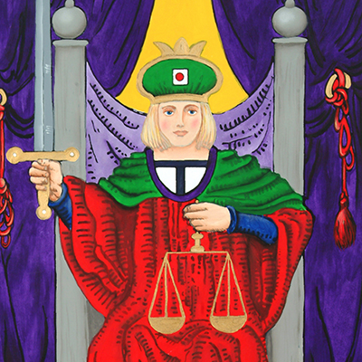 Tarot Card Key 11 Justice: A regal figure in red and green robes sits on a throne holding a sword upright in one hand and golden scales in the other, with purple drapery and tall pillars in the background.