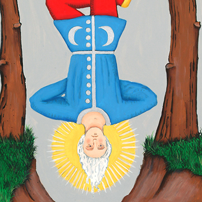 Tarot card Key 12 The hanged man: An illustrated figure with white hair and a glowing halo hangs upside down by one foot between two trees, wearing a blue coat with crescent moons and red pants.