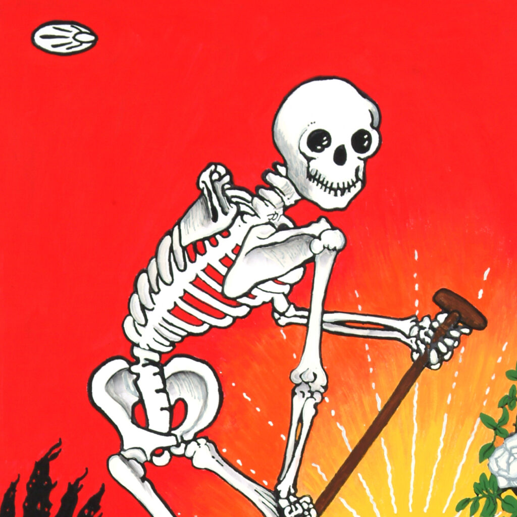 A smiling skeleton holding a staff stands against a vivid red background with bright yellow rays and green foliage in the corner. A flying object is seen in the top left.