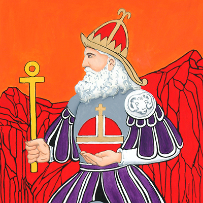 Tarot Card Key 4 The Emperor: A white-bearded man in medieval robes and a pointed hat holds a golden staff, with red mountains in the background. He has a ram's head on one shoulder and a cross symbol on his chest. The background is vivid orange.
