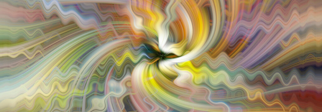 Abstract digital artwork featuring swirling, wavy lines and vibrant colors blending together, creating a dynamic, energetic vortex effect with yellow, orange, green, purple, and white tones radiating from the center.
