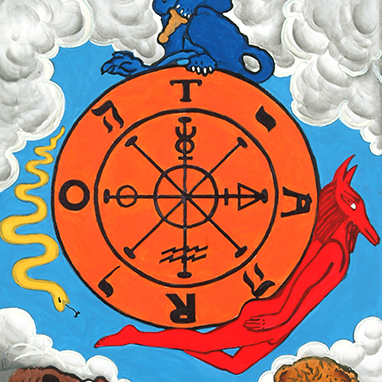 An orange wheel with black symbols and letters is surrounded by clouds, a yellow snake, a blue creature above, and a red, human-like fox below. The scene is vibrant and surreal.