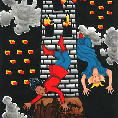 Two people fall headfirst from a burning stone tower, surrounded by dark clouds and flaming windows. Linked to the Seven Holy Planets, the dramatic scene shows one in red and one in blue, both looking alarmed as chaos unfolds.