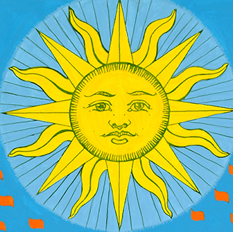 Illustration of a stylized yellow sun with a human face, radiating pointed rays against a light blue background. Orange shapes are scattered along the edges.