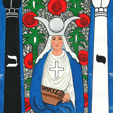 A woman in blue and white robes sits between black and white pillars, holding a scroll. She wears a horned headdress, and pomegranates and green leaves decorate the background. A cross is on her chest.