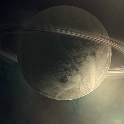 A large, shadowy planet with visible icy or rocky textures and bright rings encircling it, set against a dark, space-like background with soft light illuminating part of the planet.