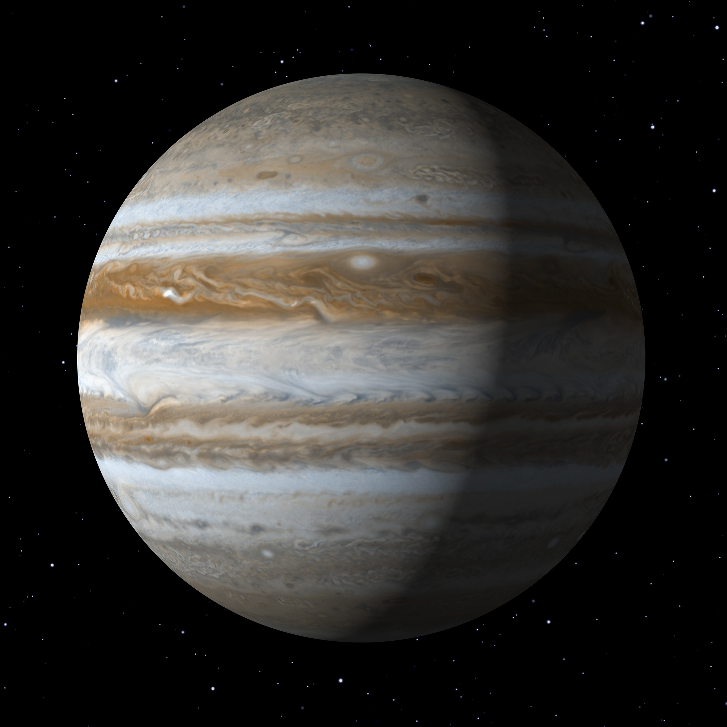A detailed view of Jupiter, showing its swirling clouds, brown and white bands, and the Great Red Spot, with one side partially in shadow against a black background of space.