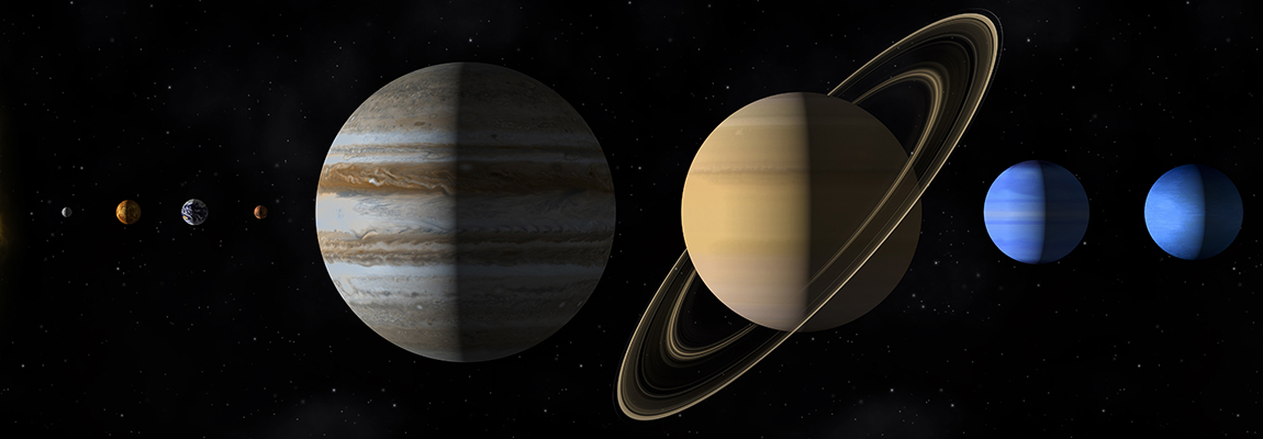 The seven holy planets of the solar system are shown in a row against a black starry background, in order from Mercury, Venus, Earth, Mars, Jupiter, Saturn with rings, Uranus, to Neptune.