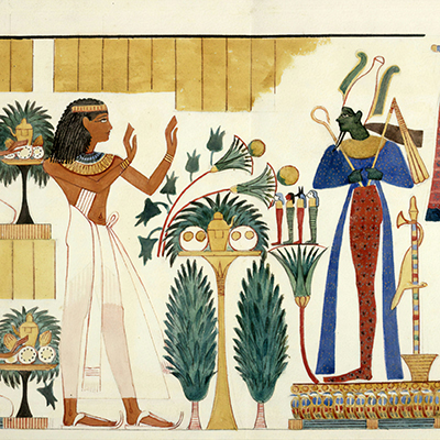 An ancient Egyptian artwork shows a woman in white garments offering gifts to a seated, green-skinned deity, surrounded by plants, vases, and ornate objects in a colorful, detailed setting.