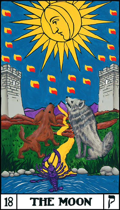 A tarot card titled "The Moon" shows a large yellow moon with a face in a blue sky. A dog and a wolf howl at the moon, with a crayfish crawling out of a pond below. Two towers stand in the background.